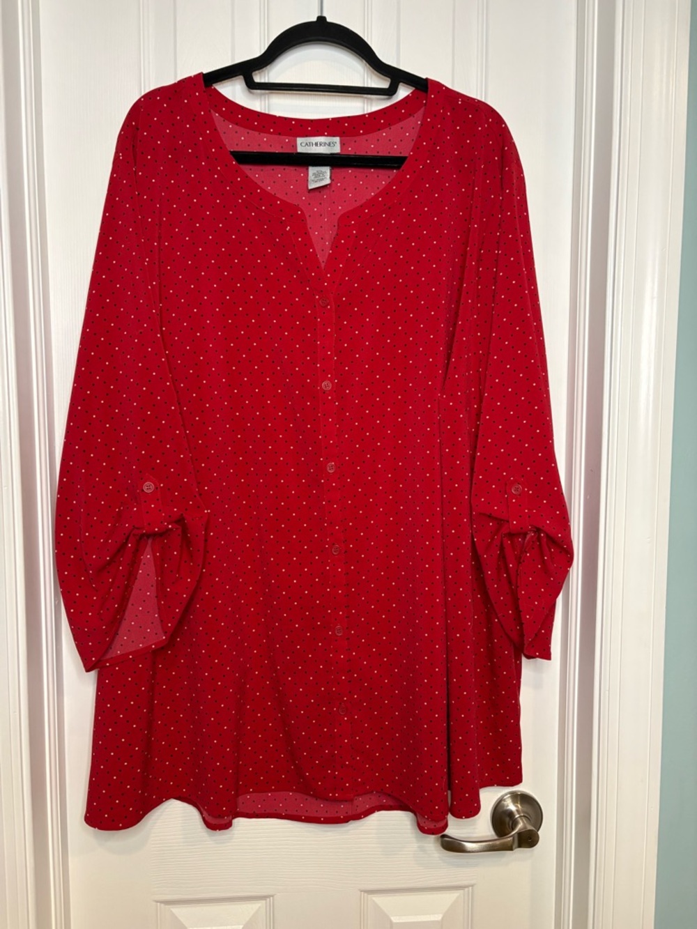 Catherines red tiny polka dot button-up blouse roll tab sleeves size 4X